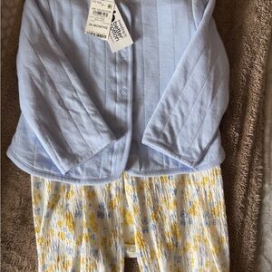 Light Blue Quilted Baby Jacket with Floral Pants and Onesie